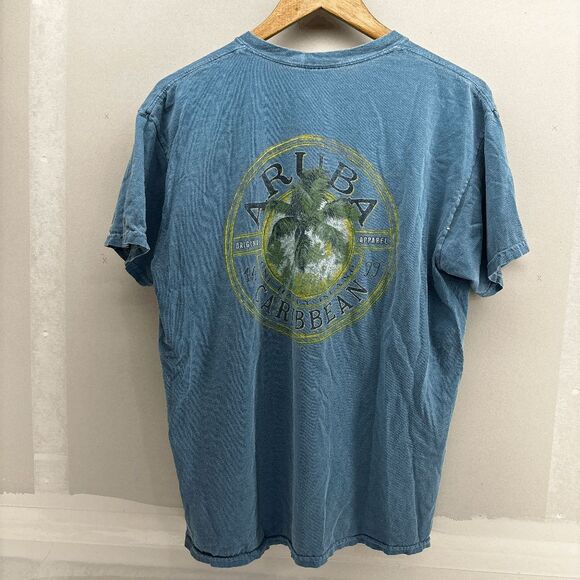 Vintage Blue 84 Aruba Caribbean One Happy Island Graphic Shirt Mens L Palm Tree - Picture 3 of 6